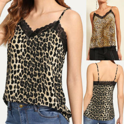 

USA Stock Women V Neck Leopard Camisole Tank Vest T-shirt Blouse Cami Crop Tops