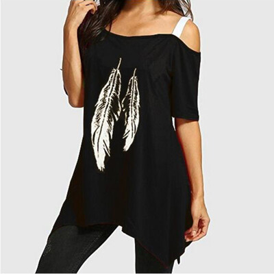 

Starmoon Women Fashion Feather Print One-Shoulder Large Size Irregular Hem T-Shirt