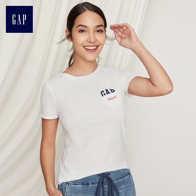 

GAP flagship store womens summer short-sleeved T-shirt bottoming shirt 2018 new ladies round neck inside logo shirt 452746 navy blue 17096A