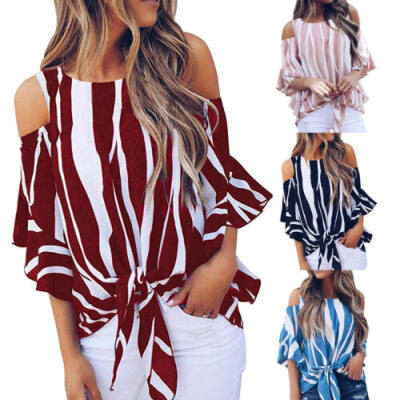 

Womens Striped Off Shoulder Loose Tops Ladies Summer Casual Baggy T Shirt Blouse