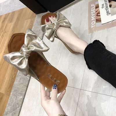 

Shoe Womans Summer Korean Version Butterfly Knot Flat Bottom Society Outside Wearing Cold Slippers Chic Slippers