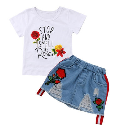 

Toddler Kids Baby Girl Summer Tops T-shirt Denim Dress 2Pcs Outfits Clothes Fit For 1-6Y