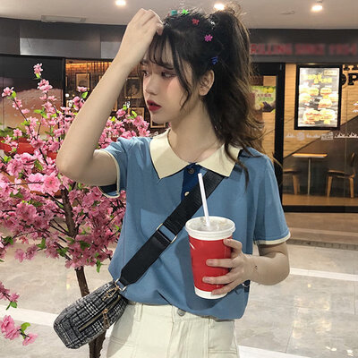 

Vintage Casual All Match Turn Down Collar Basic Loose Oversize Short Sleeve Female Women Polo Shirts