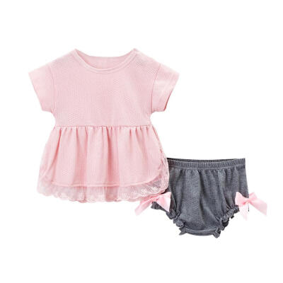 

2pcs Solid Mesh Breathable Lace Baby Girls Kids TopsBowknot Pleated Shorts