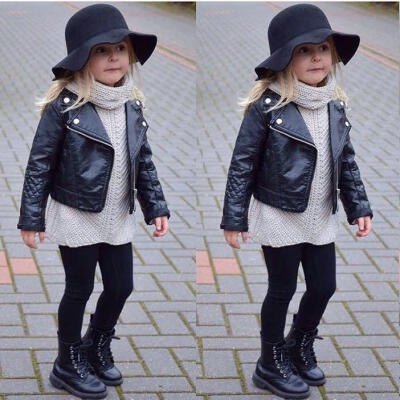 

New Kids Girl Fashion Motorcycle PU Leather Jacket Biker Coat Overcoat Black