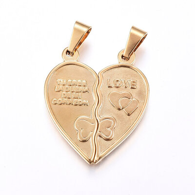 

304 Stainless Steel Pendants Heart with Sun & Moon & Word Best Friends Split Heart Golden 36x31x25mm Hole 8x5mm