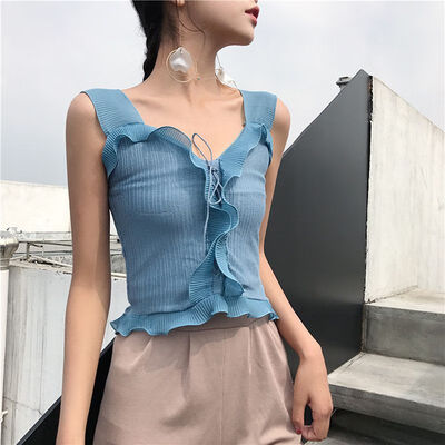 

Women V-Collar Wooden Ear Wrapped Pleated Chest Slim Knitting Vest Bottoming Stretch Sling Bottoming Camisole