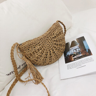 

Tailored Women Semicircular Handwoven Retro Rattan Straw Beach Bag Crossbody