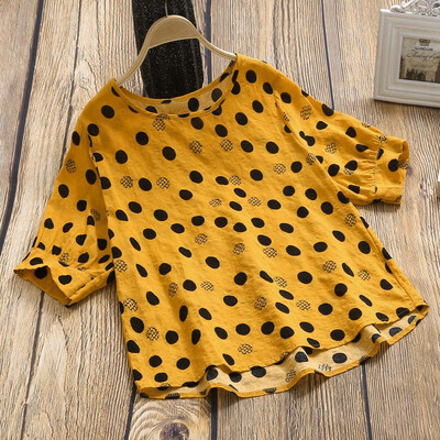 

Starmoon Women Cotton And Linen Loose O-Neck Short Sleeve Polka Dot T-Shirt Blouse Tops