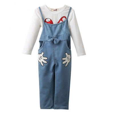

2015 Baby clothes Girls Minnie Mouse suit autumn cotton Kids 2-pcs sets T ShirtJeans Overalls Children Clothing Set