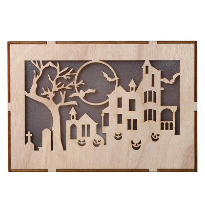 

Wood Halloween Rectangle Hollow LED Light Pendant Festival Home Decor Craft