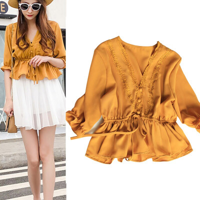 

Korean Style Cotton Mid-sleeve Shirt Fashion All-match Lace Decoration Shirt