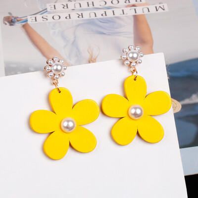 

EK492 Korean Wood Yellow Flower Drop Earrings Pearl Big Petal Flower Long Dangle Earrings For Women Girl Jewelry Party Gift