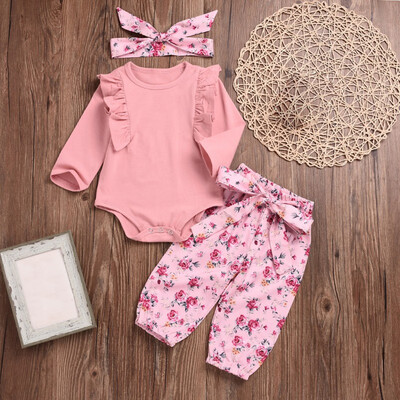 

Princess Girl Clothes Set Fly Sleeve Romper Foral Pants Headband Clothes for 3-24M Baby