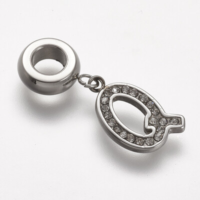 

304 Stainless Steel European Dangle Beads with Rhinestone LetterQ 25mm Hole 45mm 125x95x15mm