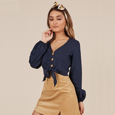

PREISEI New Summer Women Sexy Sweet Solid Cotton Button V-Neck Lantern Long Sleeve Short Blouse Shirt Ladies Tops PR180714
