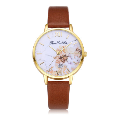 

FanTeeDa Brand Women Print Big Dial Watch Ladies Leather Quartz Watches Gold Color Flower Dress Wristwatch Female 533