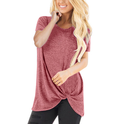 

Nomeni Women Casual Solid Color Short Sleeve O Neck Blouse Twist Knotted Tops T- Shirt
