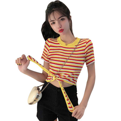 

Womens Pullover Casual Round Neck Striped Short Sleeve Slim Knitted Lace Up Crop Top