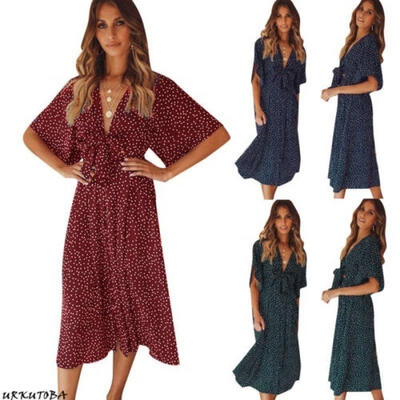 

Fashion Women Boho Long Maxi Dress Polka Dot Summer Party Evening Beach Sundress