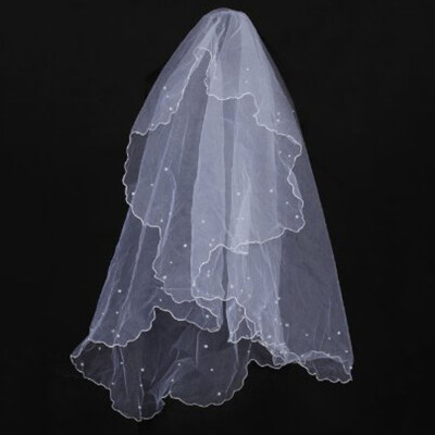 

Simple Tulle Wedding Accessories White Ivory Beige Two Layers bride Wedding Veils With Comb Ribbon Cheap Bridal Veil Decoration