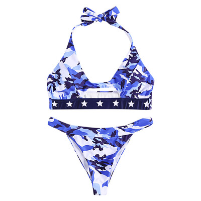 

Halter Neck Padded Backless Camouflage Print Cut Out Low Waist Women Bikini Set