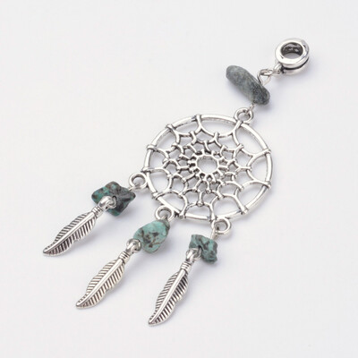 

Dream Catcher Alloy Dangle Pendants with Natural Turquoise Beads&Alloy Hanger Bail Beads Antique Silver 80mm Hole 5mm