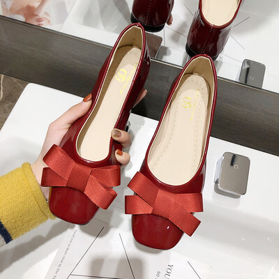 

Single Shoe Female Autumn Baitao Students Shallow Square Head Butterfly Knot Medium Rough heel Soft Girl Bean Shoe