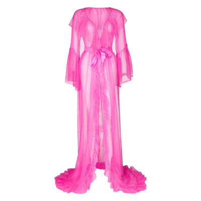 

Toponeto New Women Sexy Mesh Long Ruffle Robe Bathrobe Lingerie Sleepwear Belt Pajamas