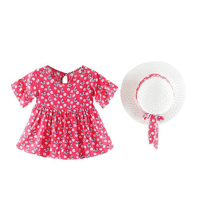 

2pcs Baby Floral Dress Girls Summer O-neck Princess DressesBowknot Hat
