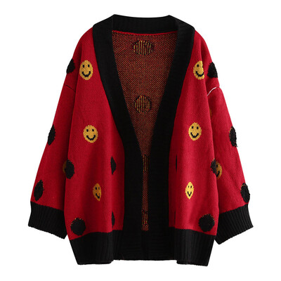 

Toponeto Womens Long Sleeve knitting Cardigan Tops Ladies Print Smile Shirts Coat