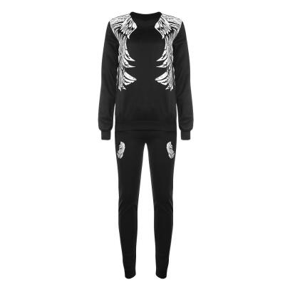 

2pcs Women Sports Clothing Set Suit Casual Print Wings Sweatershirt Pants