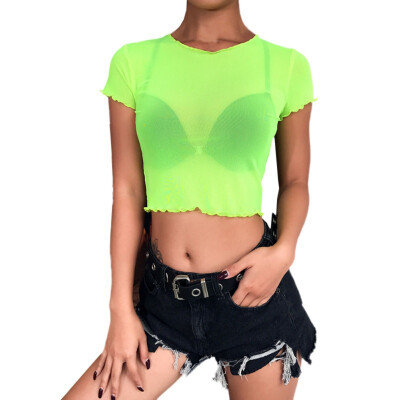 

Sexy Fluorescent Wooden Ear Side Mesh Gauze T-shirt Top Retro Trend Short Top