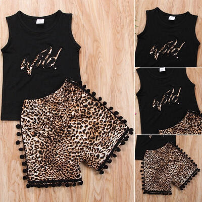 

Kids Baby Girl Leopard 2Pcs Outfits Sleeveless Tops VestTassel Shorts Pants Set