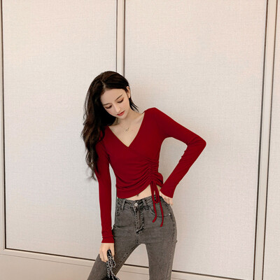 

Autumn Sexy V-neck Long-sleeved Womens Tees Novel Drawstring Design Solid Color Tshirt Tops