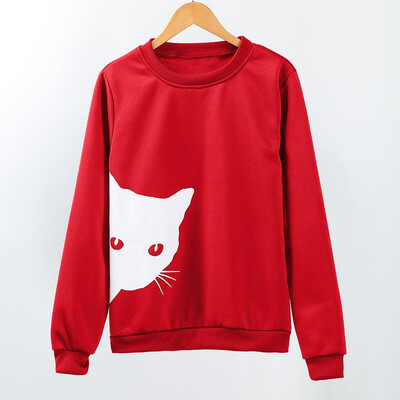

Women Casual Sweatshirt Cat Print Long Sleeves Fleece Warm Hoodies Pullovers Outwear
