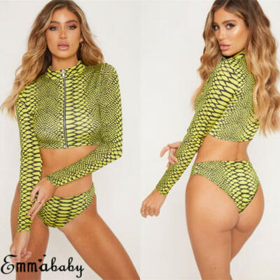 

Women Long Sleeve Snakeskin Bandage Bikini Swimsuit Triangle Swimwear Bathing