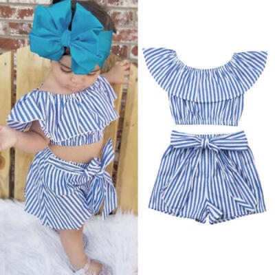 

Summer Girls Clothes Ruffle Crop TopsShorts Pants Striped Outfits Set 1-6Y