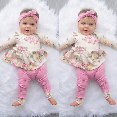 

3Pcs Newborn Kids Baby Girls Flower Blouse TopsLong Leggings Pants Headbands Outfits Clothes Set