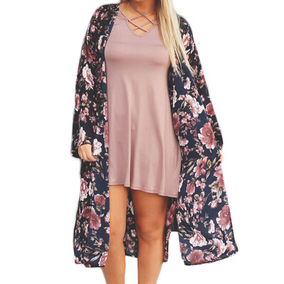 

New Women Chiffon Loose Cardigan Open Front Floral Print Long Sleeves Thin Vintage Casual Outerwear Black