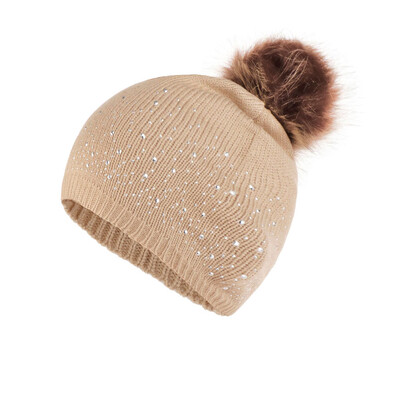 

Tailored Fashion Women Knitting Wool Hemming Hat Rhinestone Keep Warm Winter Fur Ball Cap