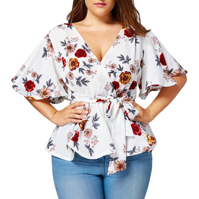 

Roseonmyhand Fashion Womens Floral Print Plus Size Belted Surplice Peplum Blouse V-Neck Tops