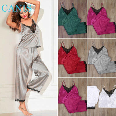 

Women Sexy Silk Satin Lingerie Nightwear Set Babydoll Nightie Trousers Pajamas
