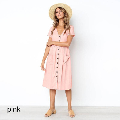 

Womens Holiday Strappy Button Pocket Ladies Summer Beach Midi Swing Sun Dress