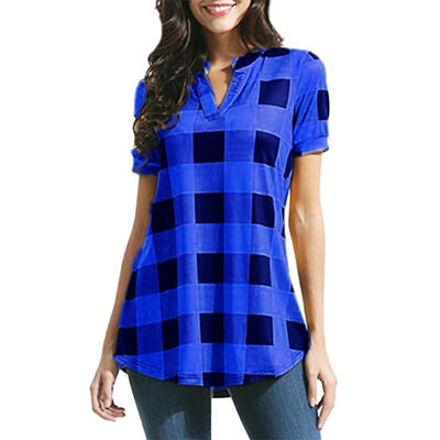

Women Shirts Plaid Printed Short Sleeve V-Neck Irregular Hem Blouses Tops