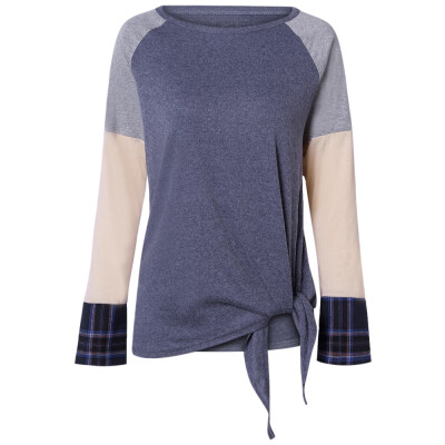 

Round Collar Plaid Spliced Long Sleeve Color Blocking Tied Women T-shirt
