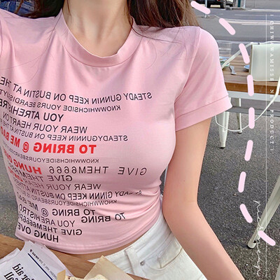 

Womens Korean Style Candy Color Round Neck Letter Print Short Sleeve Tight Crop Top T-Shirt