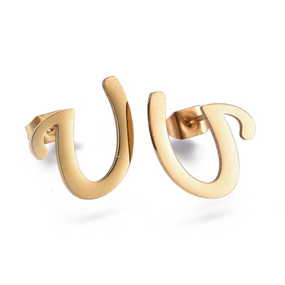 

304 Stainless Steel Stud Earrings Alphabet LetterU 15x13x1mm Pin 07mm