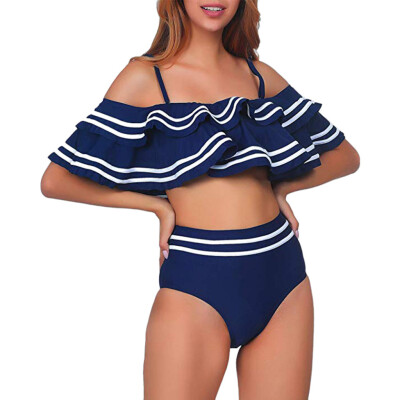 

Saidsome Women 2 Piece Vintage Ruched Flounce Stripe Crop Top Bottom Bikini Set Swimwear