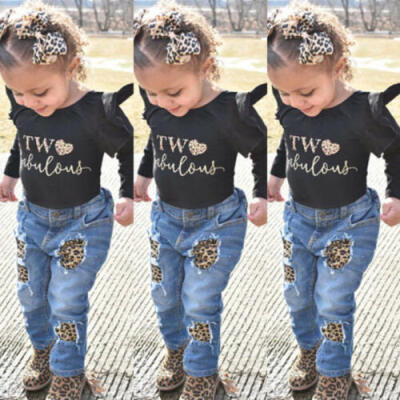 

US Toddler Kids Baby Girls Winter Clothes Ruffle Tops Romper Denim Pants Outfits